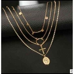 Multilayer Layered Necklace Vintage Cross Mother Mary Pendant Cross Sequin Alloy